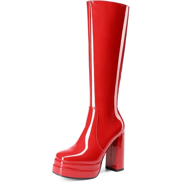 ⚡Women's Red pat Faux Leather Platform Heeled Knee High Long Chunky Tall Boot - Picture 1 of 7